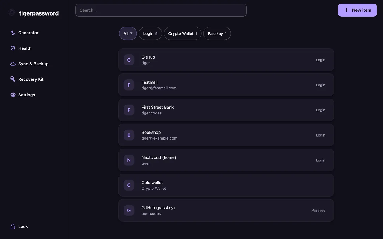 The same TigerPassword vault screen in the dark theme