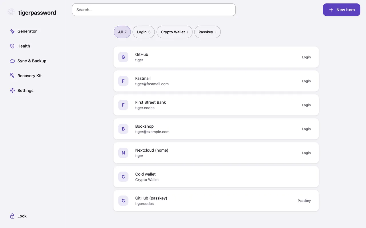 TigerPassword vault screen listing logins for GitHub, Fastmail and a bank, a cold crypto wallet and a GitHub passkey, with filters for logins, crypto wallets and passkeys